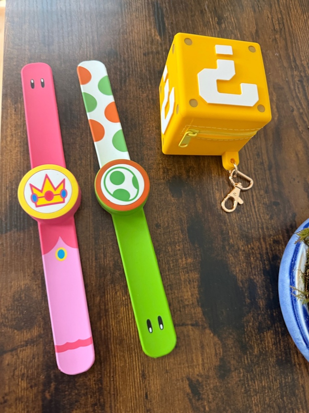 Yellow Super Mario Keychain + Pink & Green Power Up Bracelets